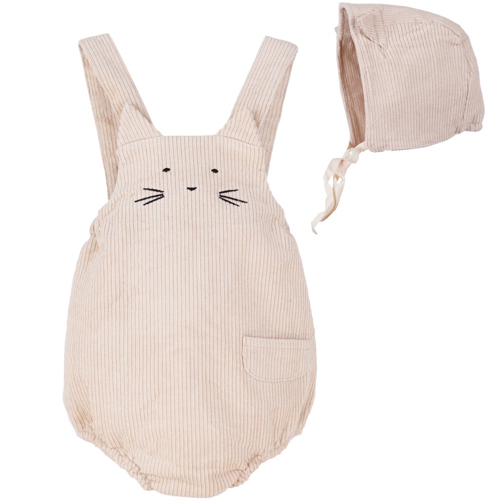 Newborn Baby Corduroy Overall Cat Romper Beige